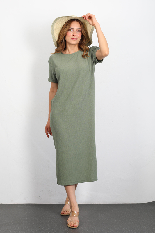 Berox - Yanları Yırtmaçlı Kısa Kol Mint Yeşili Kadın Krep Elbise