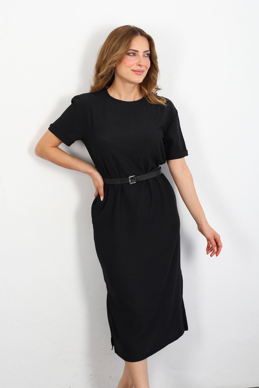 Berox - Yanları Yırtmaçlı Kısa Kol Siyah Kadın Krep Elbise (1)