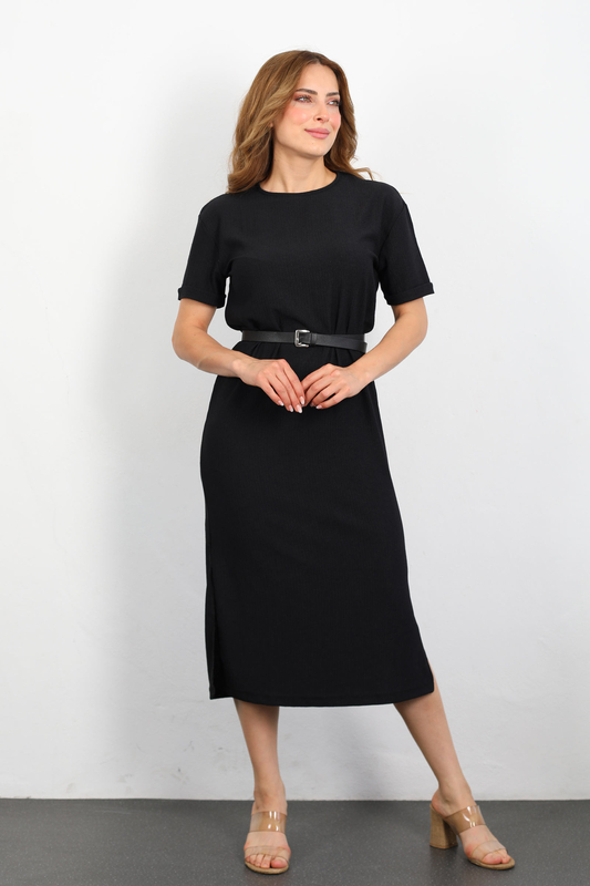 Berox - Yanları Yırtmaçlı Kısa Kol Siyah Kadın Krep Elbise