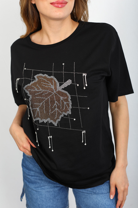 Berox - Yaprak Baskılı Taşlı Saçaklı Siyah Kadın T-shirt (1)
