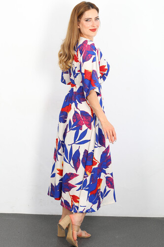 Yarasa Kol Çiçek Desenli Mavi Kadın Krep Elbise - Thumbnail