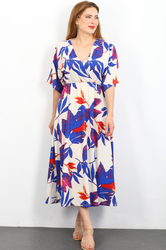 Berox - Yarasa Kol Çiçek Desenli Mavi Kadın Krep Elbise