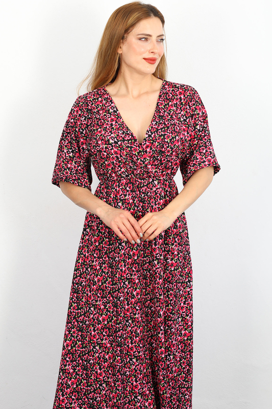 Berox - Yarasa Kol Çiçek Desenli Pembe Kadın Krep Elbise (1)
