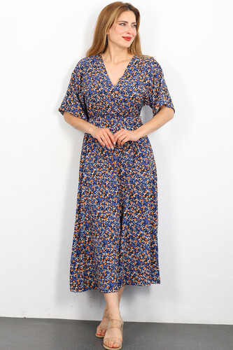 Berox - Yarasa Kol Çiçek Desenli Saks Mavisi Kadın Krep Elbise