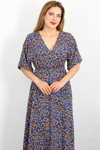Berox - Yarasa Kol Çiçek Desenli Saks Mavisi Kadın Krep Elbise (1)