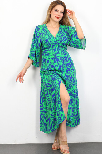 Berox - Yarasa Kol Etnik Desen Ön Yırtmaçlı Zümrüt Yeşili Kadın Elbise