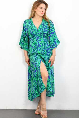 Berox - Yarasa Kol Etnik Desen Ön Yırtmaçlı Zümrüt Yeşili Kadın Elbise (1)