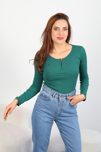 Berox - Yarım Fermuar Kaşkorse Zümrüt Yeşili Kadın Bluz (1)