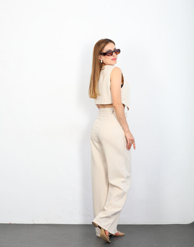 Yelekli Pantolon Taş Rengi Kadın Keten Takım - Thumbnail