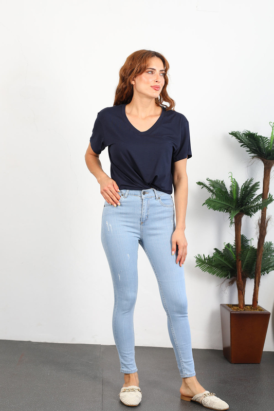 Berox - Yıpratmalı Yüksek Bel Kadın Açık Mavi Dar Paça Kot Pantolon