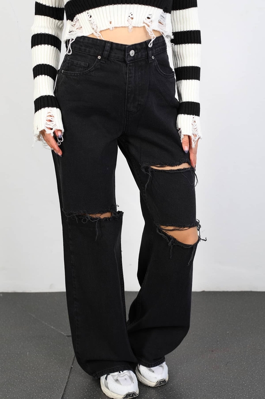 Berox - Yırtık Detaylı Kadın Siyah Palazzon Pantolon (1)