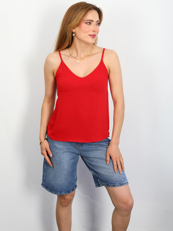 Berox - Yırtmaçlı Askılı Kırmızı Kadın Ayrobin Bluz