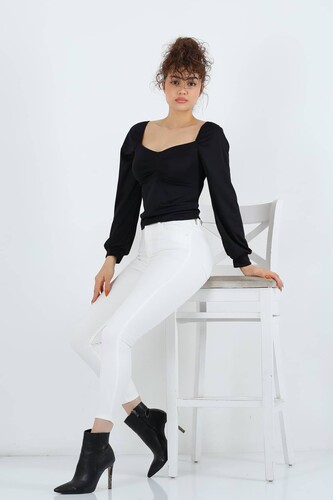 Berox - Yüksek Bel Beyaz Kadın Dar Paça Pantolon