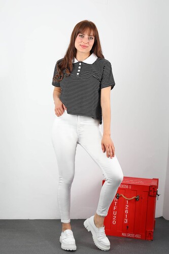 Berox - Yüksek Bel Dar Paça Beyaz Kadın Kot Pantolon