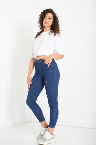 Berox - Yüksek Bel Yıpratmalı Dar Paça Mavi Kadın Kot Pantolon