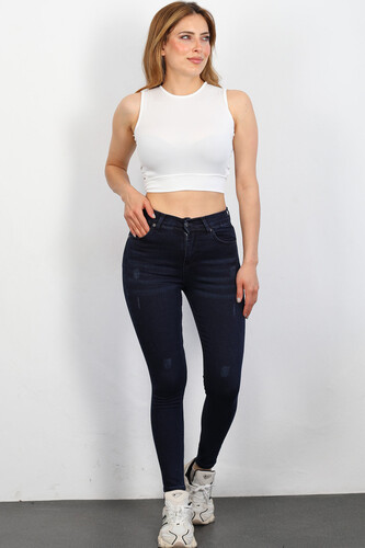 Berox - Yüksek Bel Yıpratmalı Kadın Lacivert Skinny Kot Pantolon (1)