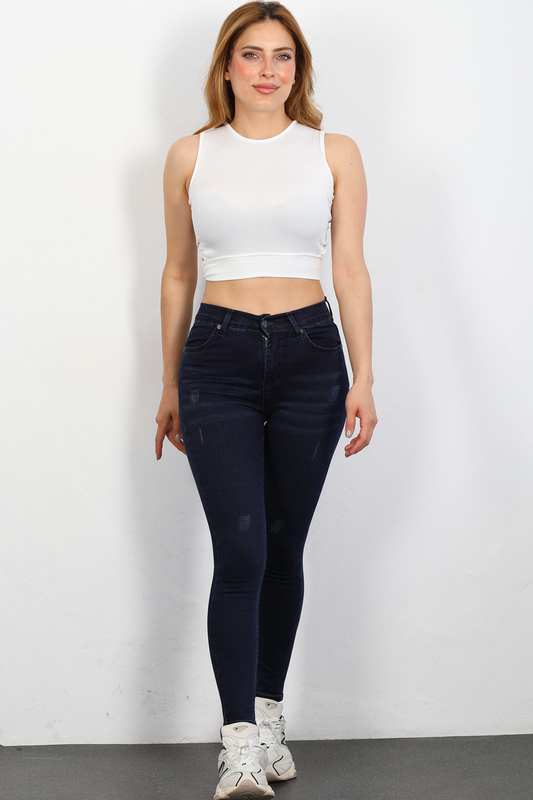 Berox - Yüksek Bel Yıpratmalı Kadın Lacivert Skinny Kot Pantolon
