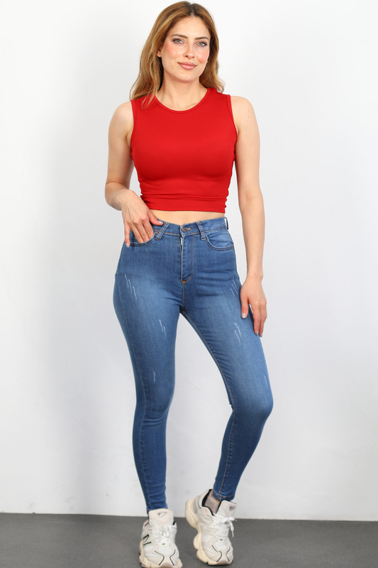 Berox - Yüksek Bel Yıpratmalı Skinny Mavi Kadın Denim Pantolon