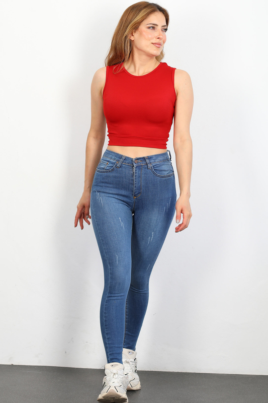 Berox - Yüksek Bel Yıpratmalı Skinny Mavi Kadın Denim Pantolon (1)