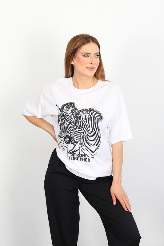 Berox - Zebra Baskılı Oversize Beyaz Kadın T-Shirt