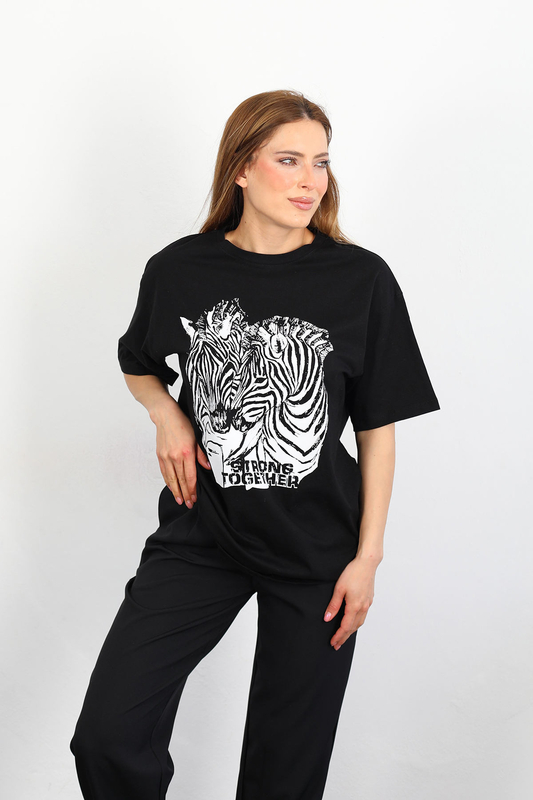 Berox - Zebra Baskılı Oversize Siyah Kadın T-Shirt (1)