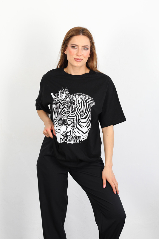 Berox - Zebra Baskılı Oversize Siyah Kadın T-Shirt