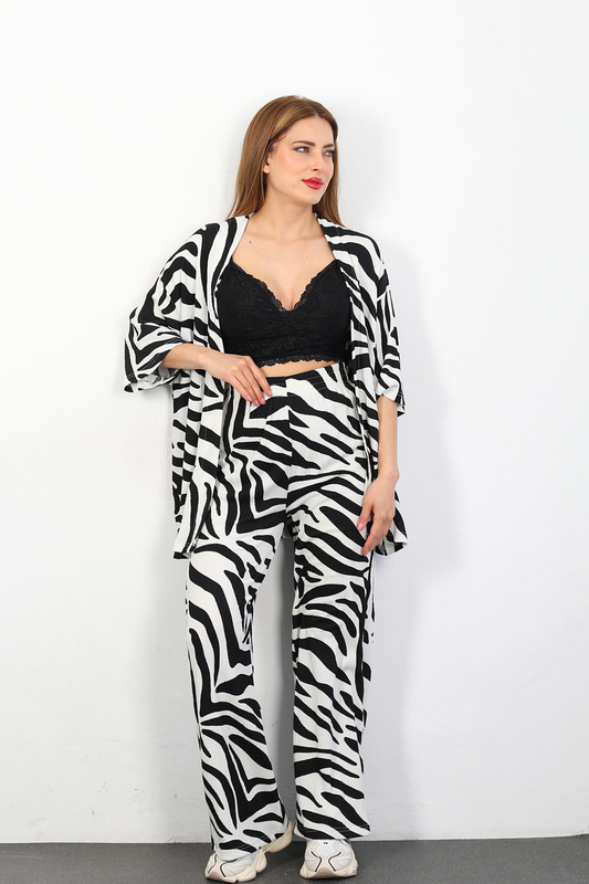 Berox - Zebra Desen Kadın Siyah Kimono Takım