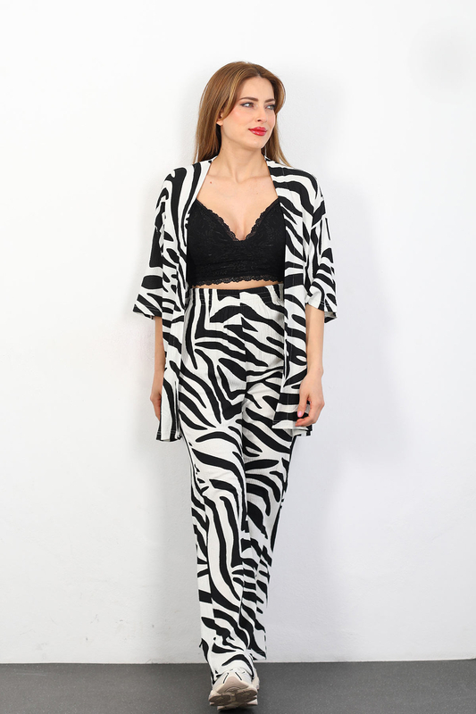 Berox - Zebra Desen Kadın Siyah Kimono Takım (1)