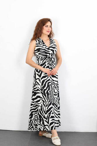 Berox - Zebra Desenli Kruvaze Yaka Siyah Kolsuz Gofre Kadın Elbise (1)