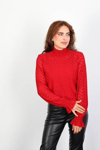 Berox - Zikzak Desen Dik Yaka Kadın Kırmızı Ajurlu Bluz (1)