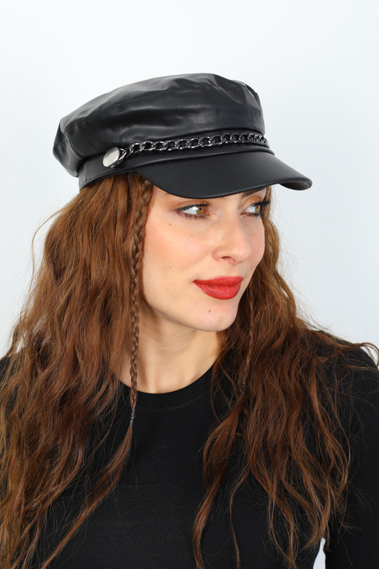 Berox - Zincir Aksesuarlı Siyah Kadın Denizci Şapka