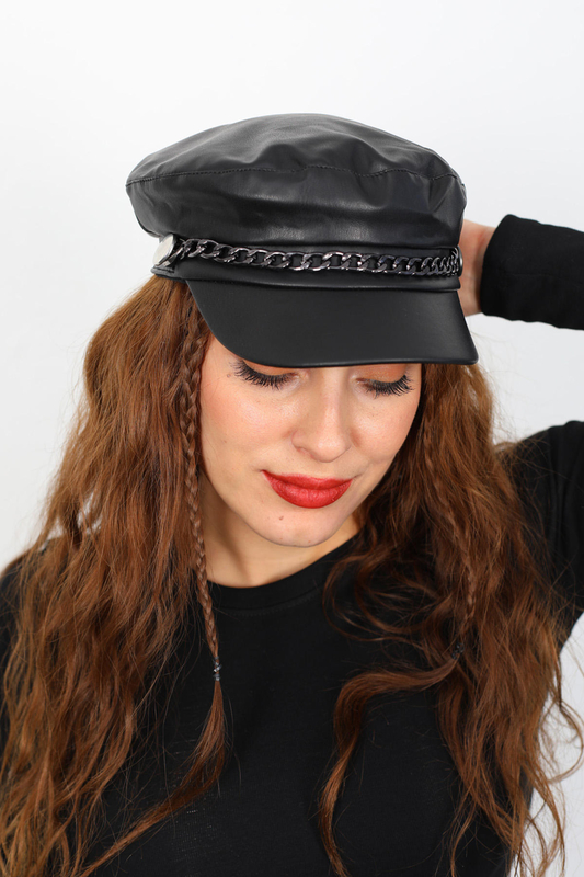 Berox - Zincir Aksesuarlı Siyah Kadın Denizci Şapka (1)