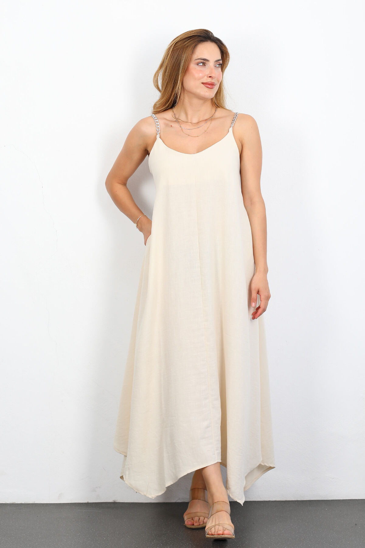 Berox - Zincir Askılı Midi Keten Taş Rengi Kadın Elbise