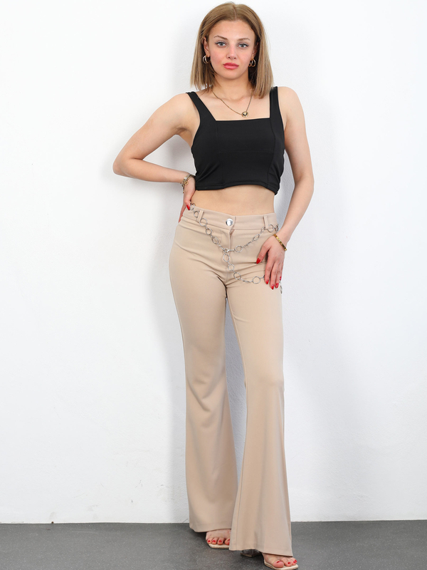 Berox - Zincir Kemerli Cepsiz İspanyol Paça Taş Rengi Kadın Fitilli Pantolon