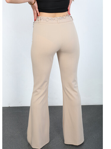 Zincir Kemerli Cepsiz İspanyol Paça Taş Rengi Kadın Fitilli Pantolon - Thumbnail