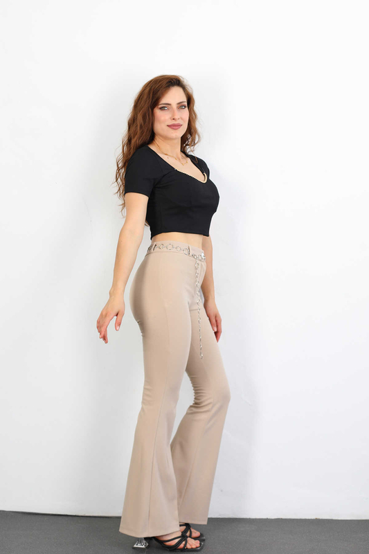Berox - Zincir Kemerli İspanyol Paça Taş Rengi Kadın Kumaş Pantolon (1)