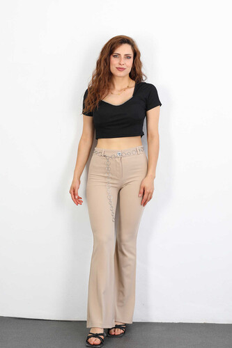 Berox - Zincir Kemerli İspanyol Paça Taş Rengi Kadın Kumaş Pantolon